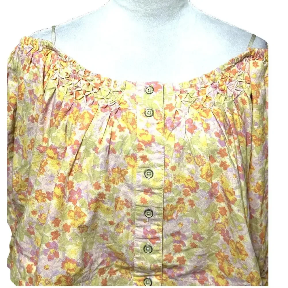 Free People Smocked Crop Top Off Shoulder Floral Button Front Multicolor W S NWT